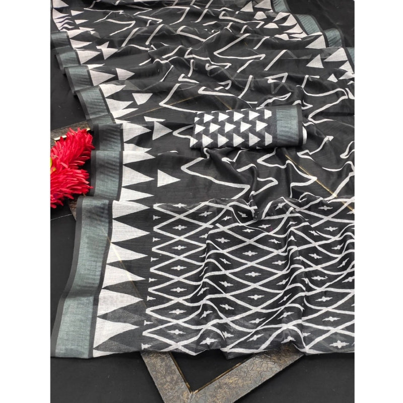 Mayawye Women's Cotton Linen Woven Design Saree With Unstitched Blouse 5.5Mtr (Black)
