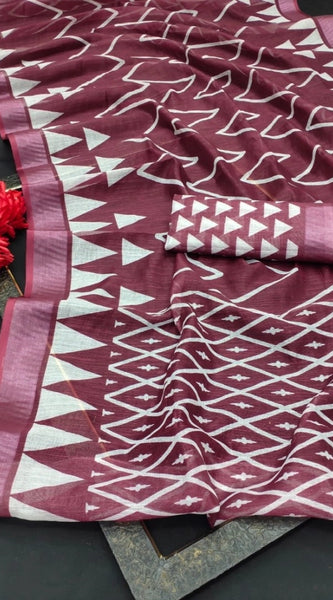 Mayawye Women's Cotton Linen Woven Design Saree With Unstitched Blouse 5.5Mtr (Maroon)