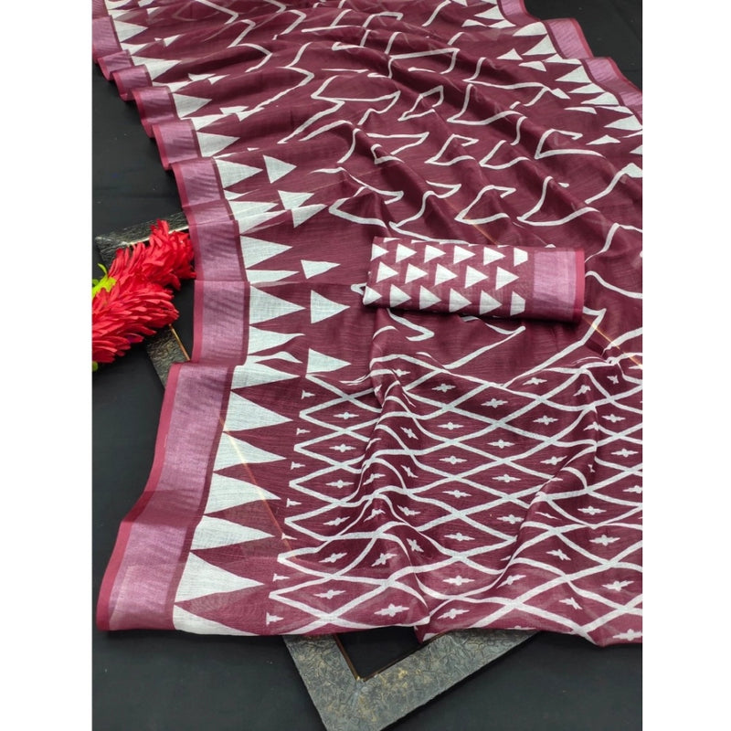 Mayawye Women's Cotton Linen Woven Design Saree With Unstitched Blouse 5.5Mtr (Maroon)