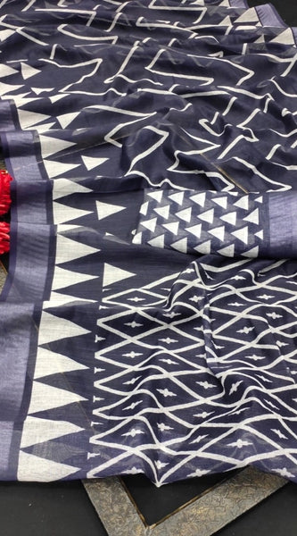 Mayawye Women's Cotton Linen Woven Design Saree With Unstitched Blouse 5.5Mtr (Grey)