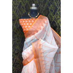 Mayawye Women's Cotton Linen Woven Design Saree With Unstitched Blouse 5.5Mtr (Orange)
