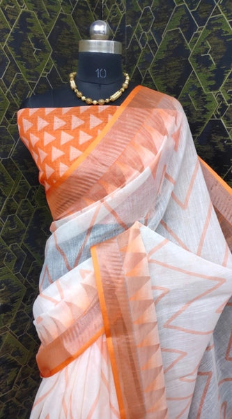 Mayawye Women's Cotton Linen Woven Design Saree With Unstitched Blouse 5.5Mtr (Orange)