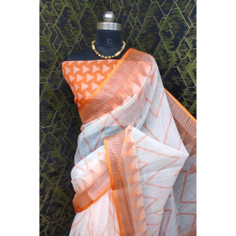 Mayawye Women's Cotton Linen Woven Design Saree With Unstitched Blouse 5.5Mtr (Orange)