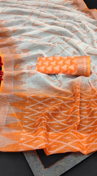 Mayawye Women's Cotton Linen Woven Design Saree With Unstitched Blouse 5.5Mtr (Orange)