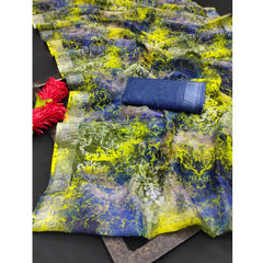 Mayawye Women's Cotton Linen Woven Design Saree With Unstitched Blouse 5.5Mtr (Blue)