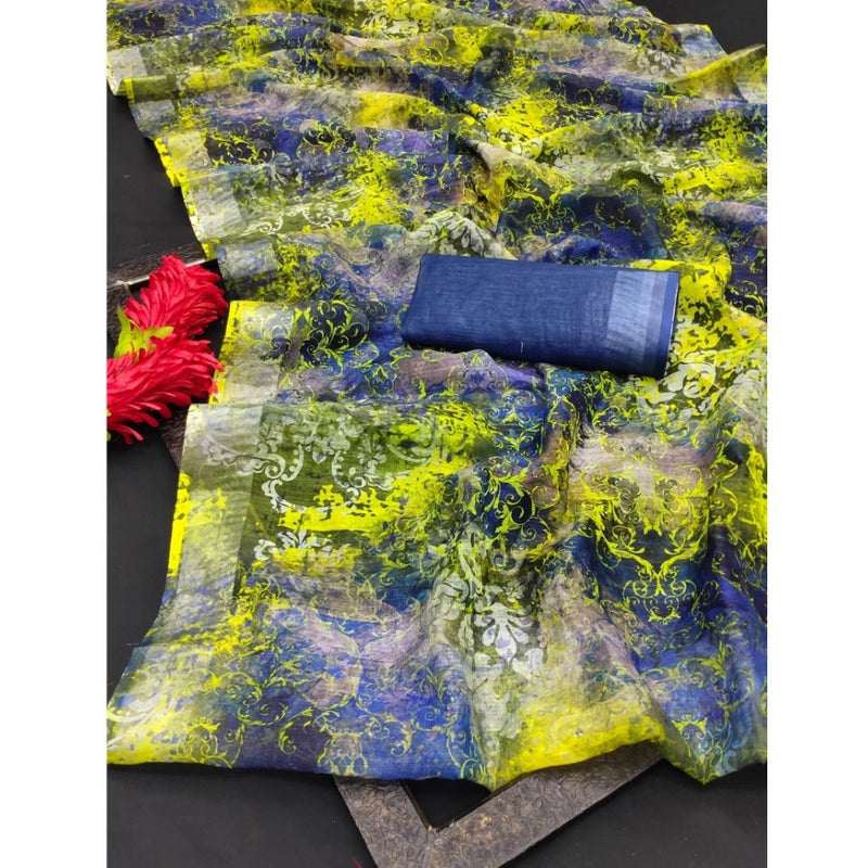 Mayawye Women's Cotton Linen Woven Design Saree With Unstitched Blouse 5.5Mtr (Blue)
