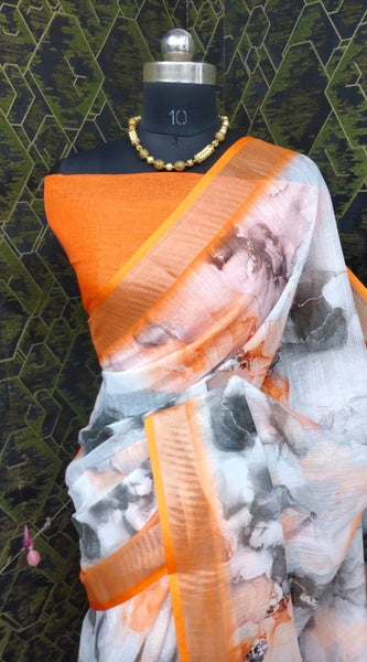 Mayawye Women's Cotton Linen Woven Design Saree With Unstitched Blouse 5.5Mtr (Orange)