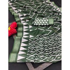 Mayawye Women's Cotton Linen Woven Design Saree With Unstitched Blouse 5.5Mtr (Green)