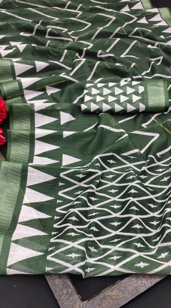 Mayawye Women's Cotton Linen Woven Design Saree With Unstitched Blouse 5.5Mtr (Green)