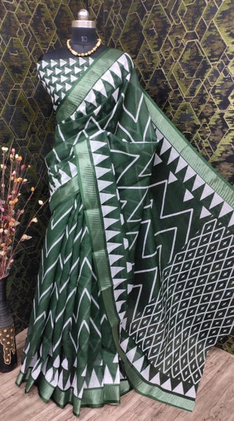 Mayawye Women's Cotton Linen Woven Design Saree With Unstitched Blouse 5.5Mtr (Green)