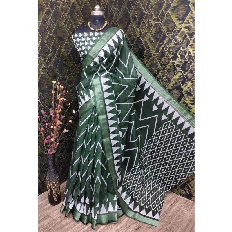 Mayawye Women's Cotton Linen Woven Design Saree With Unstitched Blouse 5.5Mtr (Green)