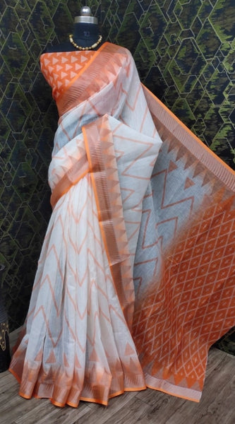 Mayawye Women's Cotton Linen Woven Design Saree With Unstitched Blouse 5.5Mtr (Orange)