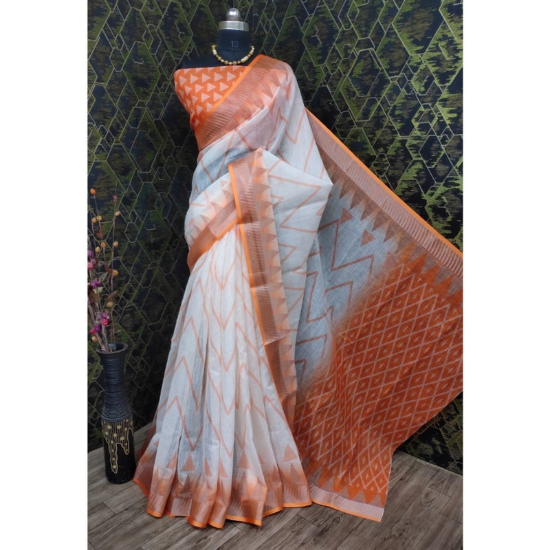 Mayawye Women's Cotton Linen Woven Design Saree With Unstitched Blouse 5.5Mtr (Orange)