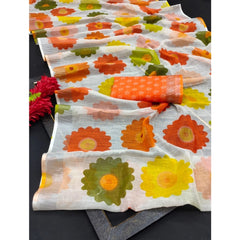 Mayawye Women's Cotton Linen Woven Design Saree With Unstitched Blouse 5.5Mtr (Orange)