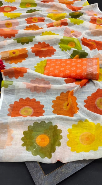 Mayawye Women's Cotton Linen Woven Design Saree With Unstitched Blouse 5.5Mtr (Orange)