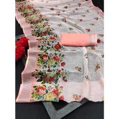 Mayawye Women's Cotton Linen Woven Design Saree With Unstitched Blouse 5.5Mtr (Peach)