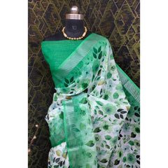 Mayawye Women's Cotton Linen Woven Design Saree With Unstitched Blouse 5.5Mtr (Green)