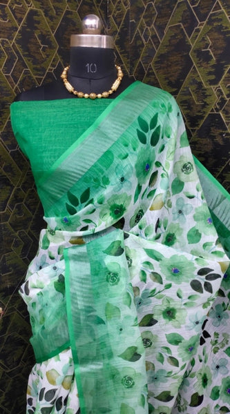 Mayawye Women's Cotton Linen Woven Design Saree With Unstitched Blouse 5.5Mtr (Green)