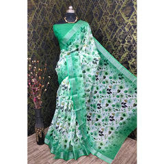 Mayawye Women's Cotton Linen Woven Design Saree With Unstitched Blouse 5.5Mtr (Green)