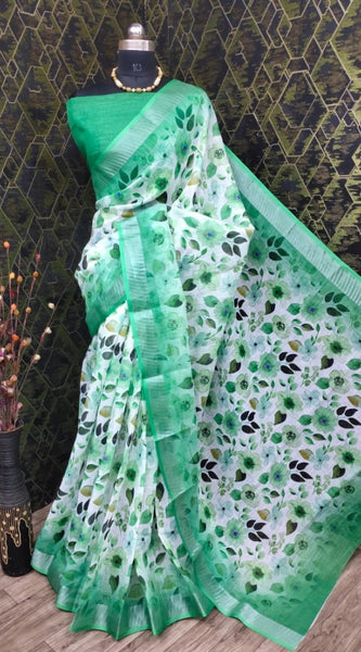 Mayawye Women's Cotton Linen Woven Design Saree With Unstitched Blouse 5.5Mtr (Green)