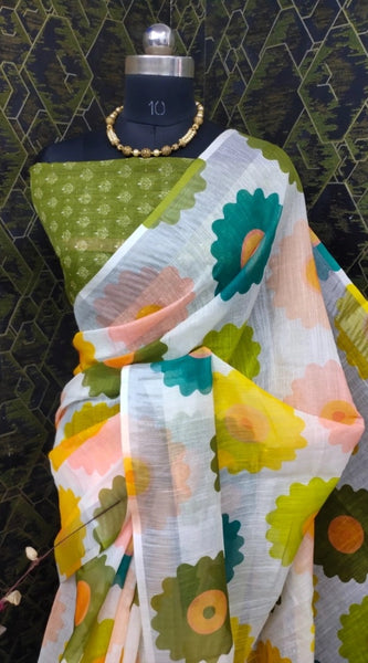 Mayawye Women's Cotton Linen Woven Design Saree With Unstitched Blouse 5.5Mtr (Green)