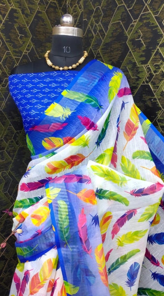 Mayawye Women's Cotton Linen Woven Design Saree With Unstitched Blouse 5.5Mtr (Blue)