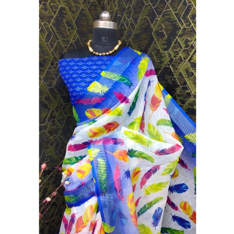 Mayawye Women's Cotton Linen Woven Design Saree With Unstitched Blouse 5.5Mtr (Blue)