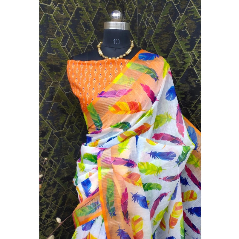 Mayawye Women's Cotton Linen Woven Design Saree With Unstitched Blouse 5.5Mtr (Orange)