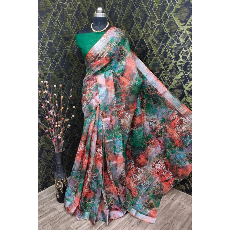 Mayawye Women's Cotton Linen Woven Design Saree With Unstitched Blouse 5.5Mtr (Green)