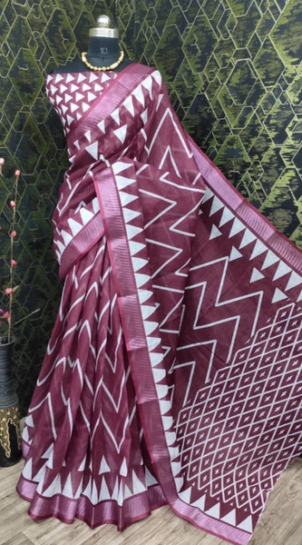 Mayawye Women's Cotton Linen Woven Design Saree With Unstitched Blouse 5.5Mtr (Maroon)