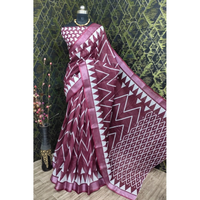 Mayawye Women's Cotton Linen Woven Design Saree With Unstitched Blouse 5.5Mtr (Maroon)