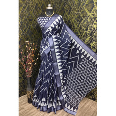 Mayawye Women's Cotton Linen Woven Design Saree With Unstitched Blouse 5.5Mtr (Grey)