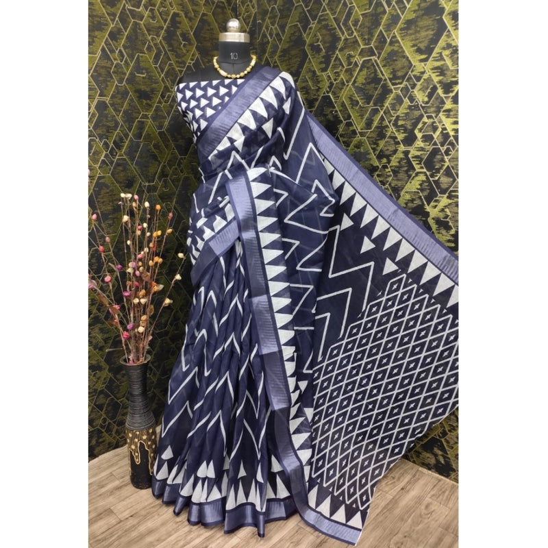 Mayawye Women's Cotton Linen Woven Design Saree With Unstitched Blouse 5.5Mtr (Grey)
