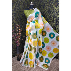 Mayawye Women's Cotton Linen Woven Design Saree With Unstitched Blouse 5.5Mtr (Green)