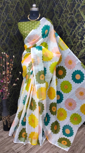 Mayawye Women's Cotton Linen Woven Design Saree With Unstitched Blouse 5.5Mtr (Green)