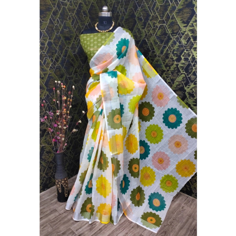 Mayawye Women's Cotton Linen Woven Design Saree With Unstitched Blouse 5.5Mtr (Green)