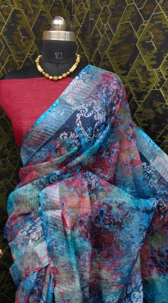 Mayawye Women's Cotton Linen Woven Design Saree With Unstitched Blouse 5.5Mtr (Blue)