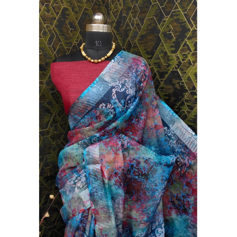 Mayawye Women's Cotton Linen Woven Design Saree With Unstitched Blouse 5.5Mtr (Blue)