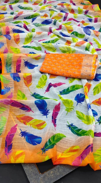Mayawye Women's Cotton Linen Woven Design Saree With Unstitched Blouse 5.5Mtr (Orange)