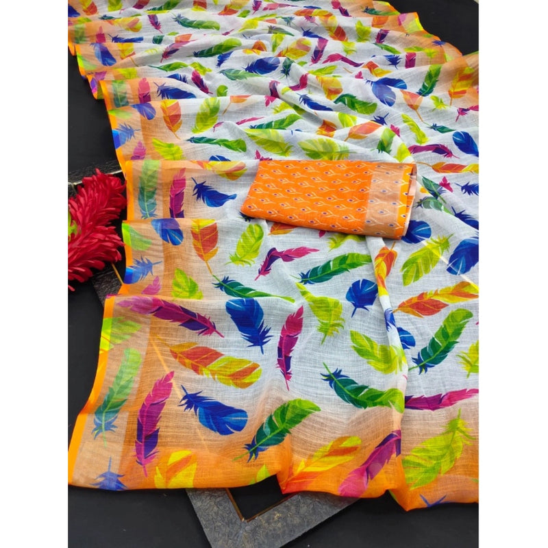 Mayawye Women's Cotton Linen Woven Design Saree With Unstitched Blouse 5.5Mtr (Orange)