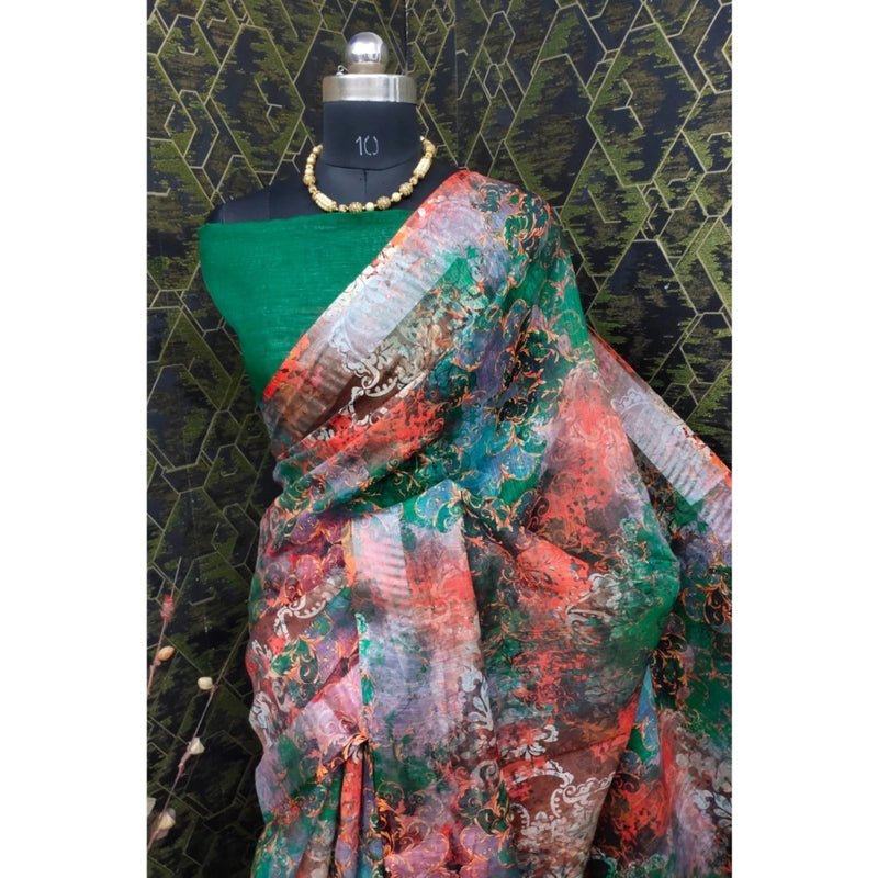 Mayawye Women's Cotton Linen Woven Design Saree With Unstitched Blouse 5.5Mtr (Green)