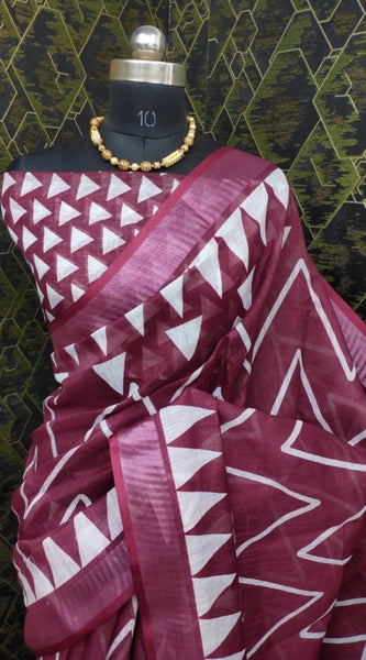 Mayawye Women's Cotton Linen Woven Design Saree With Unstitched Blouse 5.5Mtr (Maroon)