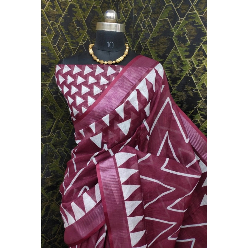 Mayawye Women's Cotton Linen Woven Design Saree With Unstitched Blouse 5.5Mtr (Maroon)