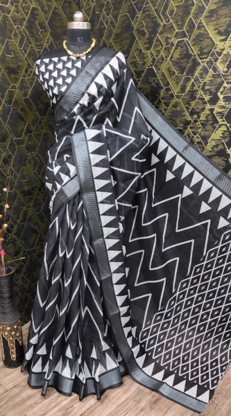Mayawye Women's Cotton Linen Woven Design Saree With Unstitched Blouse 5.5Mtr (Black)