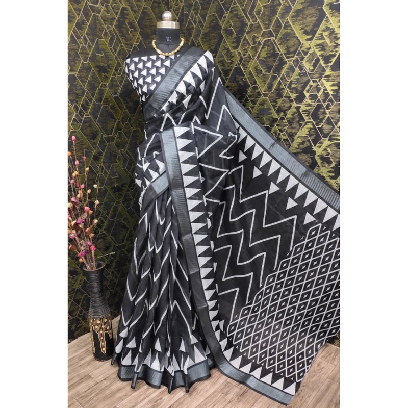 Mayawye Women's Cotton Linen Woven Design Saree With Unstitched Blouse 5.5Mtr (Black)