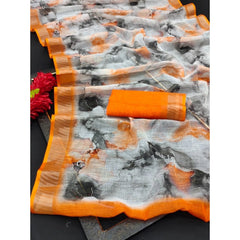 Mayawye Women's Cotton Linen Woven Design Saree With Unstitched Blouse 5.5Mtr (Orange)