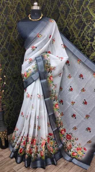 Mayawye Women's Cotton Linen Woven Design Saree With Unstitched Blouse 5.5Mtr (Black)