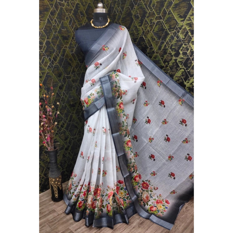 Mayawye Women's Cotton Linen Woven Design Saree With Unstitched Blouse 5.5Mtr (Black)