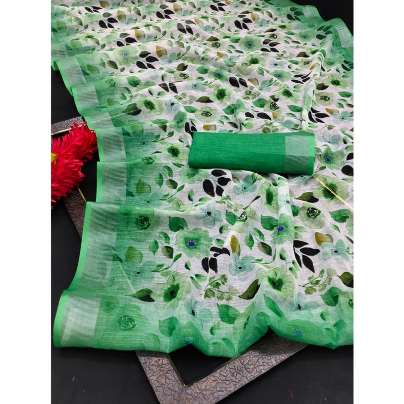 Mayawye Women's Cotton Linen Woven Design Saree With Unstitched Blouse 5.5Mtr (Green)