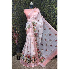 Mayawye Women's Cotton Linen Woven Design Saree With Unstitched Blouse 5.5Mtr (Peach)